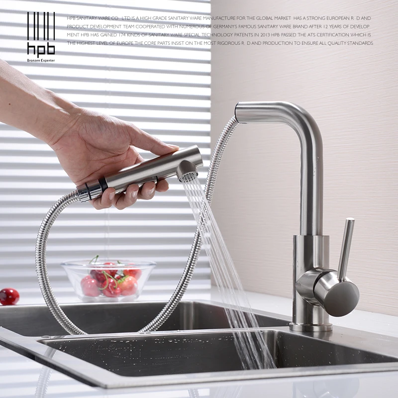 

HPB Brushed Nickel Kitchen Pull Out Faucet Swivel Spout Stainless Steel Sink Mixer Tap Single Handle 360 Degree Rotation HP4130