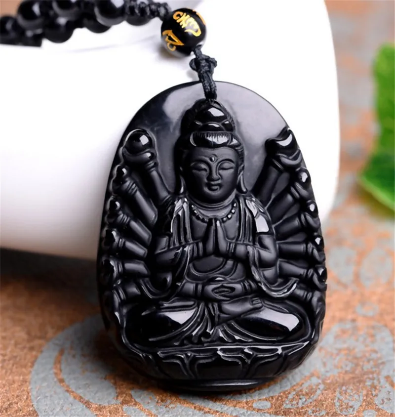 

Natural Obsidian Carving Thousand Hands Of Guanyin Buddha Pendant Women Men's Lucky Amulet Jewelry Pendants With Beads Necklace