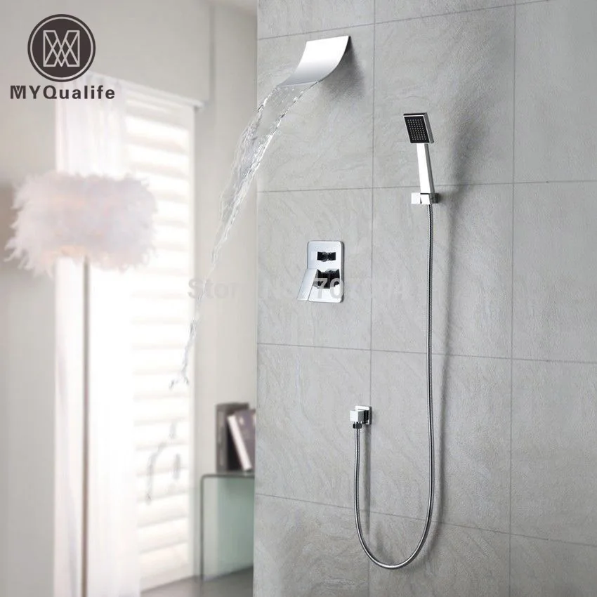 Polished Chrome Wall Mount Waterfall Spout Head Shower Faucet with Hand shower System
Polished Chrome Wall Mount Waterfall Spout Head Shower Faucet with Hand shower System