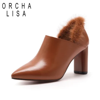 ORCHA LISA Genuine Leather Pointed toe Square middle heel Solid Faux Fur Cool Women shoes Plus size 34-41 Black Yellow C512
ORCHA LISA Genuine Leather Pointed toe Square middle heel Solid Faux Fur Cool Women shoes Plus size 34-41 Black Yellow C512