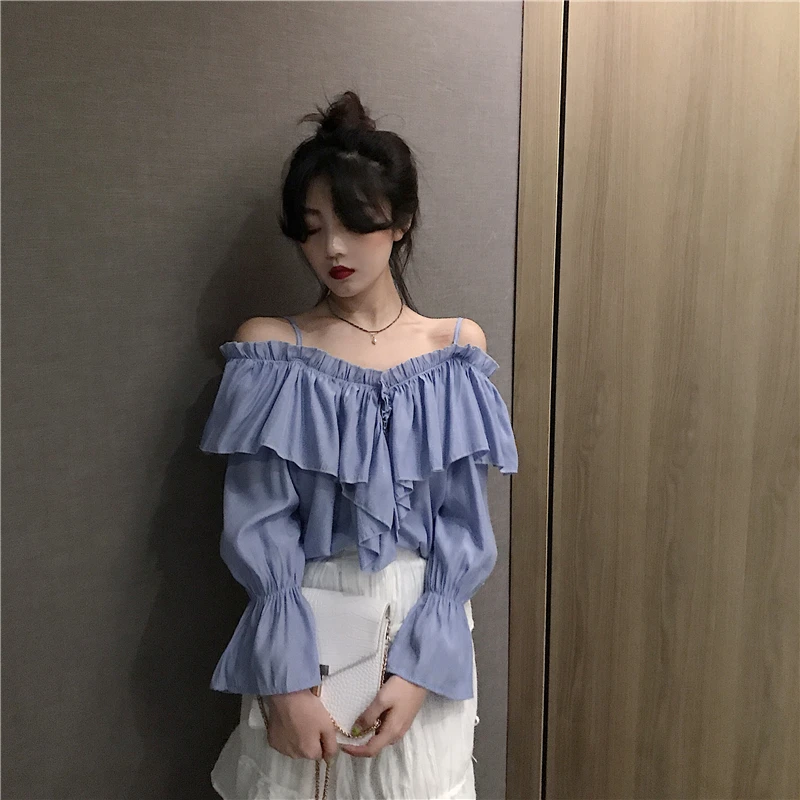 Women's Clothing Vintage Ruffles Soldier women blouses strapless blouse Slash Neck Flare Sleeve loose Shirts ulzzang New Spring 
Women's Clothing Vintage Ruffles Soldier women blouses strapless blouse Slash Neck Flare Sleeve loose Shirts ulzzang New Spring