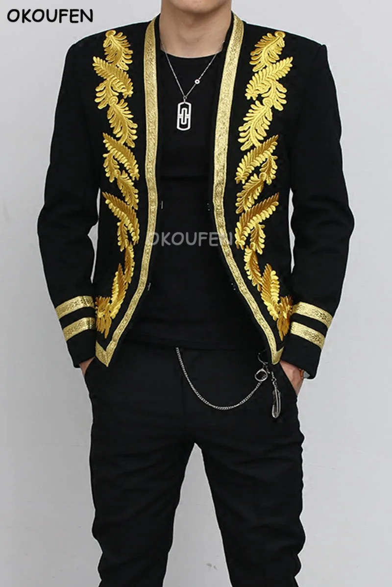 Fashion Leaf Print Collarless Small Suit Korean style Men's Slim Gold Silk Embroidered Blazer Party stage show dance costumes
Fashion Leaf Print Collarless Small Suit Korean style Men's Slim Gold Silk Embroidered Blazer Party stage show dance costumes