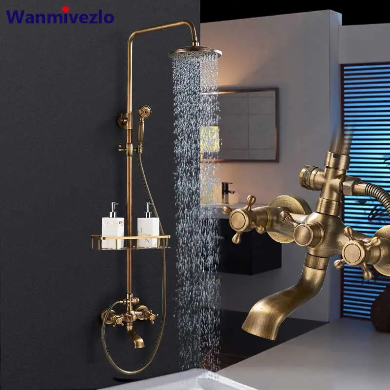

Antique Brass Shower Faucets Set Rainfall Shower Handshower Commodity Shelf Dual Handle Mixer Tap Swivel Tub Spout Bath Shower