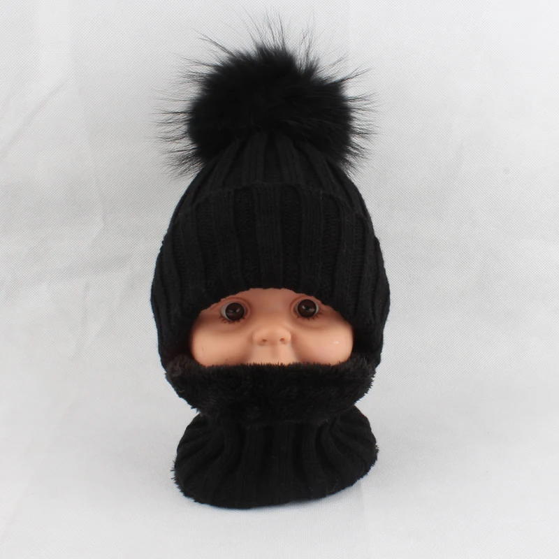 Kids Boys Girls Warm Fleece Liner Beanie Hats With Scarf Winter Fur Hat For Children Baby Pompom Skullies Beanies 26