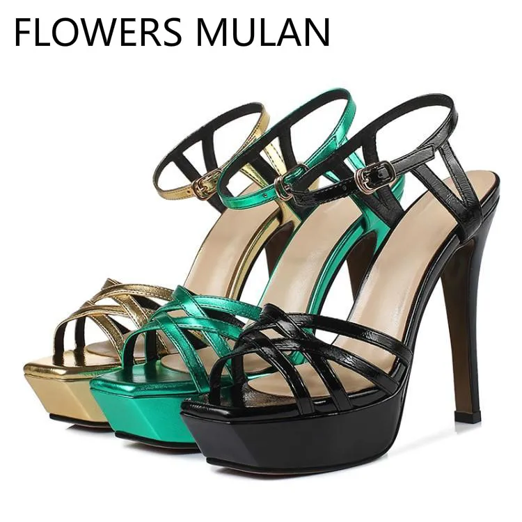 

Green Gold Black Narrow Band Women Sandals Peep Toe Cut-out Upper Platform Sandals High Heels Gladiators Party Stiletto Shoes