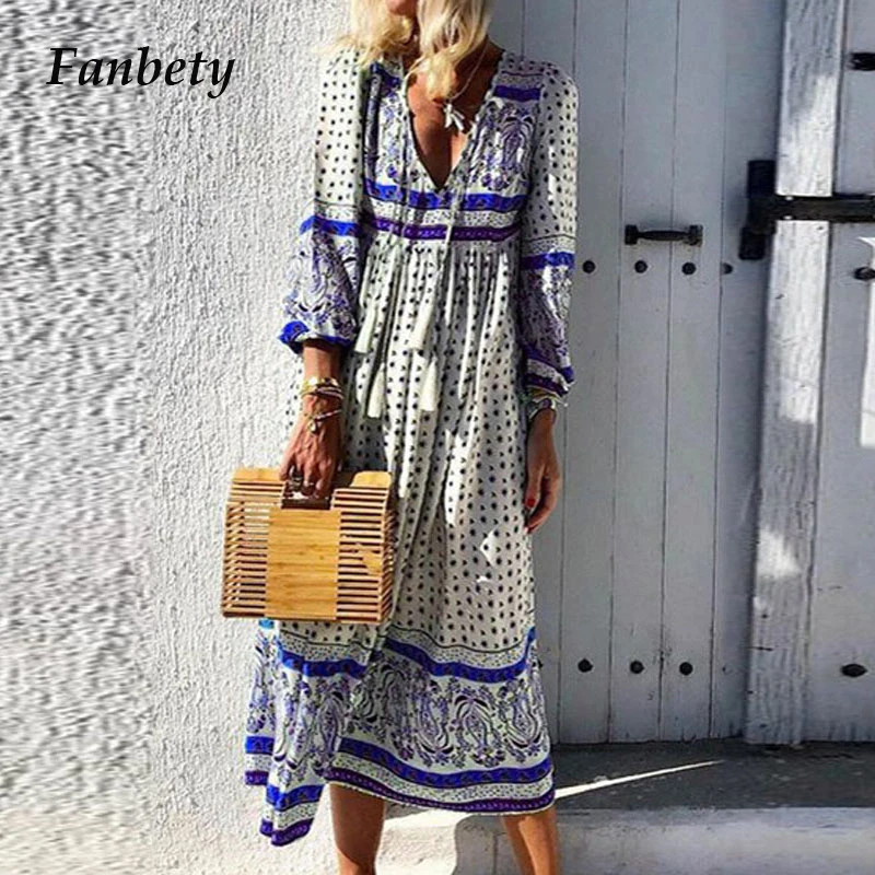 Fanbety Women Sexy Deep V-neck Boho Dress Autumn Vintage Long Sleeve Floral Print Dress Female Elegant Tassel Maxi Long Dresses
Fanbety Women Sexy Deep V-neck Boho Dress Autumn Vintage Long Sleeve Floral Print Dress Female Elegant Tassel Maxi Long Dresses