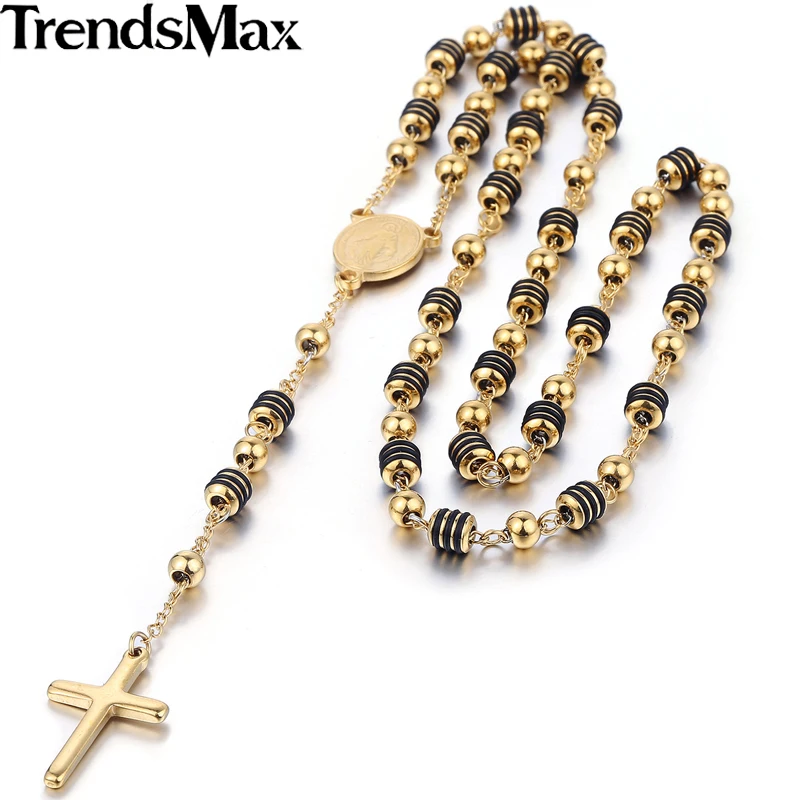 Image Stainless Steel Bead Chain Jesus Christ Cross Pendant Rosary Necklace Mens Womens Unisex Jewelry
