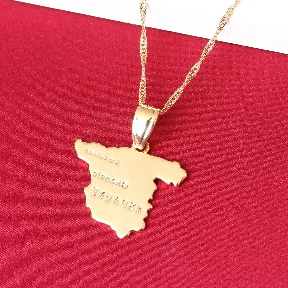 

Spain Map Pendant Necklace Chain For Women 24K Gold Color Jewelry Love ESPAGNE Country Spanish Map