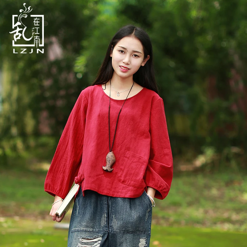 

LZJN 2018 Autumn Shirt for Women Pullover Vintage Blouses Cotton Linen Deep Red Short Chinese Tops Big Pocket Blusas Femininas