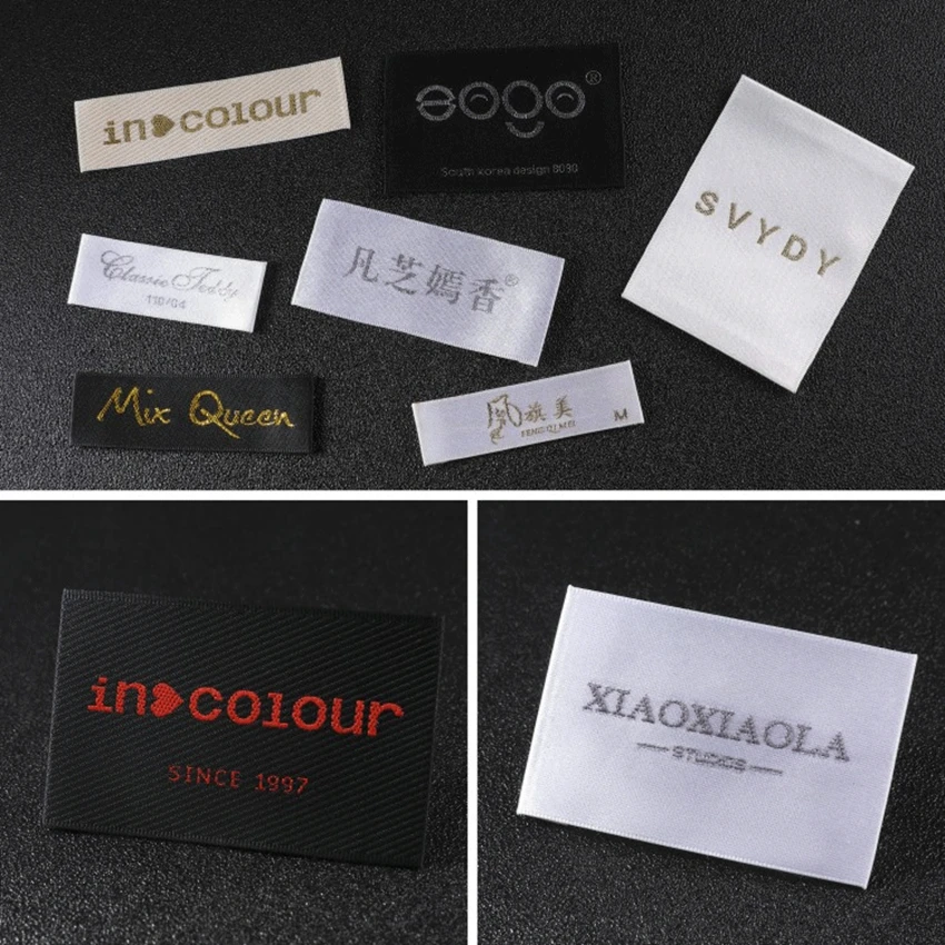 Customized clothing tags washable garment labels custom woven labels for clothing brand name labels black satin woven tags
Customized clothing tags washable garment labels custom woven labels for clothing brand name labels black satin woven tags