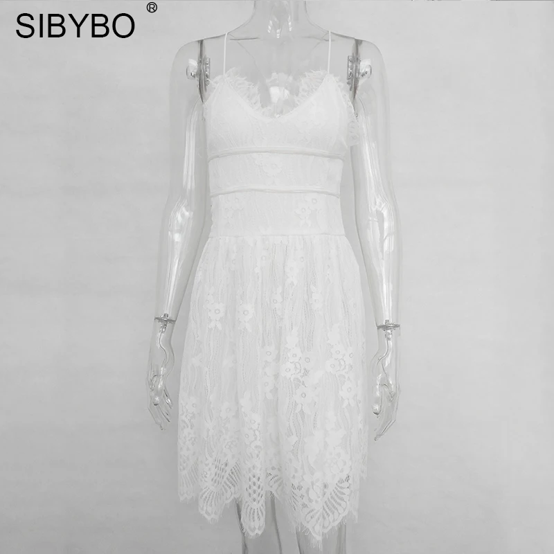 white Backless Spaghetti Strap Lace Dress With A V-Neck Loose