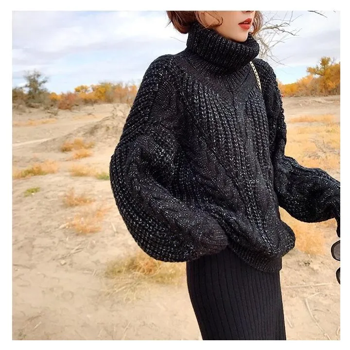 Autumn Winter Women Turtleneck Casual Sweater Loose Coarse Line Knitted Pullovers Fashion Large Size Solid | Женская одежда