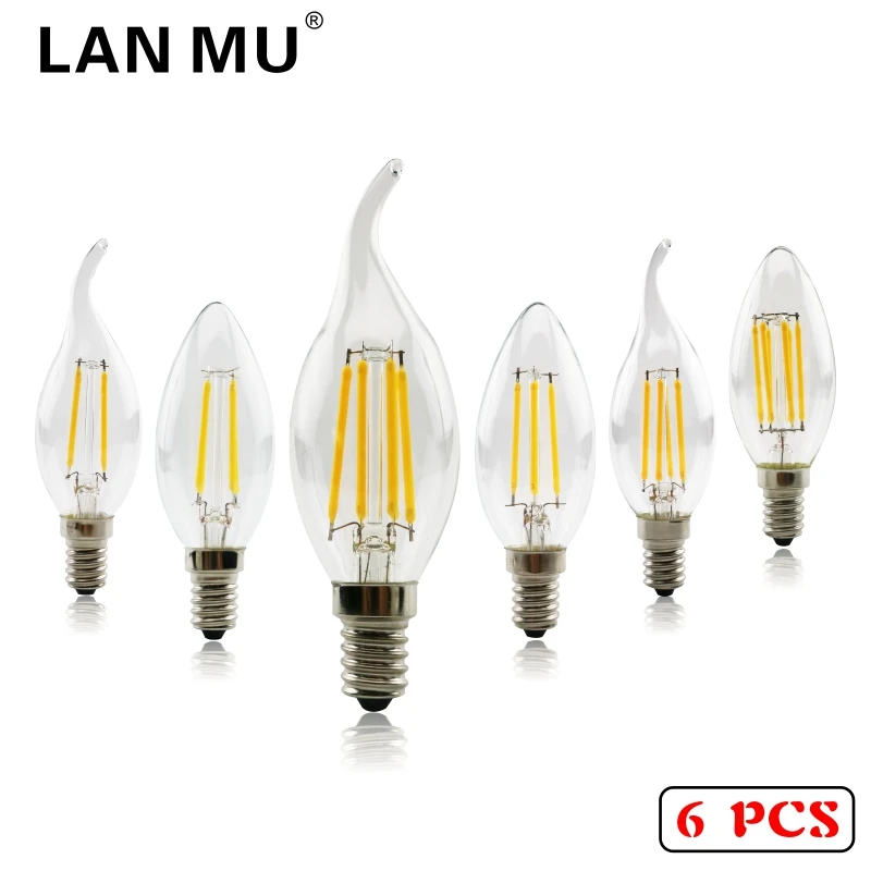 

LAN MU 6PCS LED Filament Candle Light Bulb E14 220V 2W 4W 6W C35 Edison Bulb C35L Retro Antique Vintage for Chandelier Light
