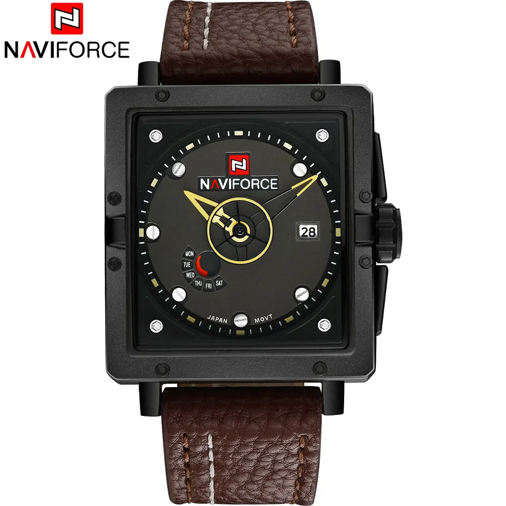 

NAVIFORCE Brand Men's Sports Quartz Watches Men Creative Analog Wristwatches 30M Waterproof Leather Strap Auto Date Square Clock