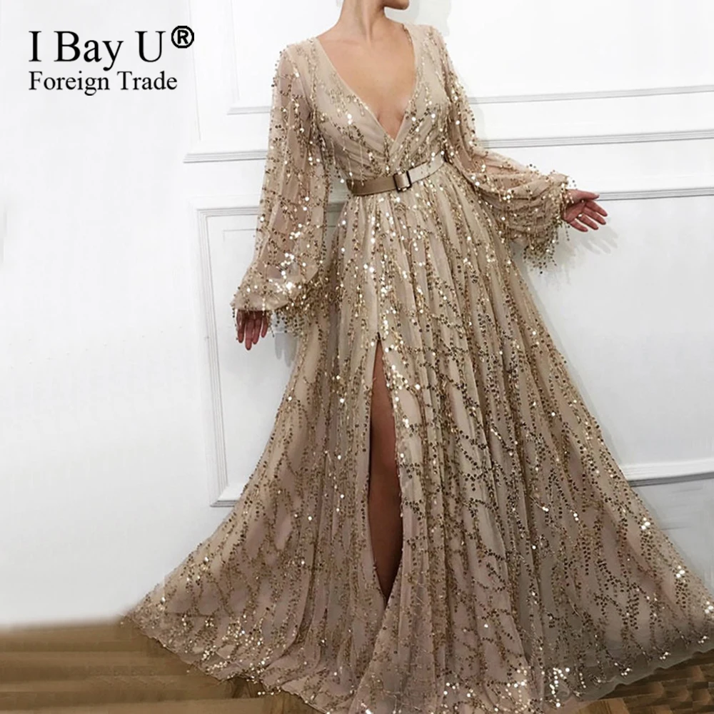 Luxury Sexy Evening Dresses 2019 Long Sleeve Beading Sequined Evening Gowns Gold V-Neck Dubai Design
Luxury Sexy Evening Dresses 2019 Long Sleeve Beading Sequined Evening Gowns Gold V-Neck Dubai Design