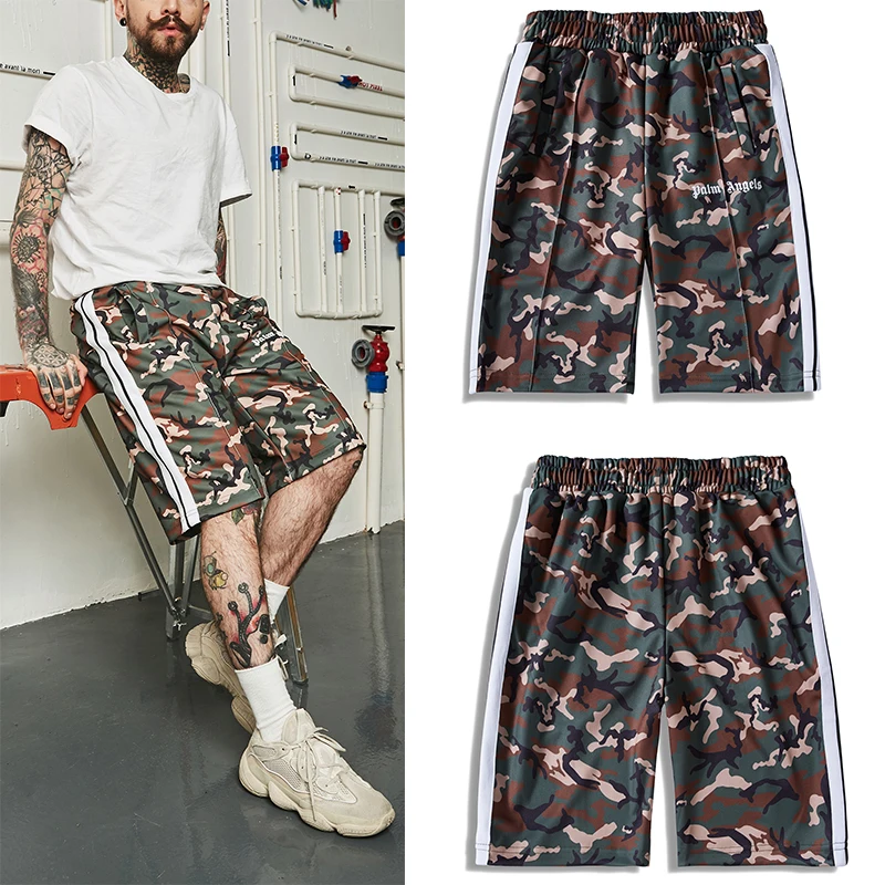 

Palm Angels Track Shorts Camo Camouflage White Ribbon Stripe Palm Angels Men Leisure Harajuku Sports Shorts PA Loose Summer