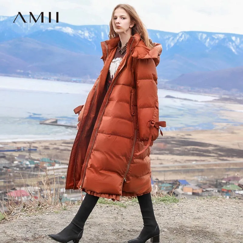 

Amii Minimalist Hooded Down Jacket Women Winter 2018 Causal Solid Patchwork 90% White Duck Down Light Female Long Parkas Coat