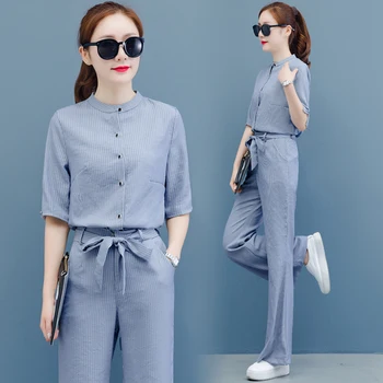 Summer Korean 2019 Fashion High Waist 2 Piece Set Women Stripe Clothes Drawstring Suit Woman Conjunto Feminino Wide Leg Pants
Summer Korean 2019 Fashion High Waist 2 Piece Set Women Stripe Clothes Drawstring Suit Woman Conjunto Feminino Wide Leg Pants