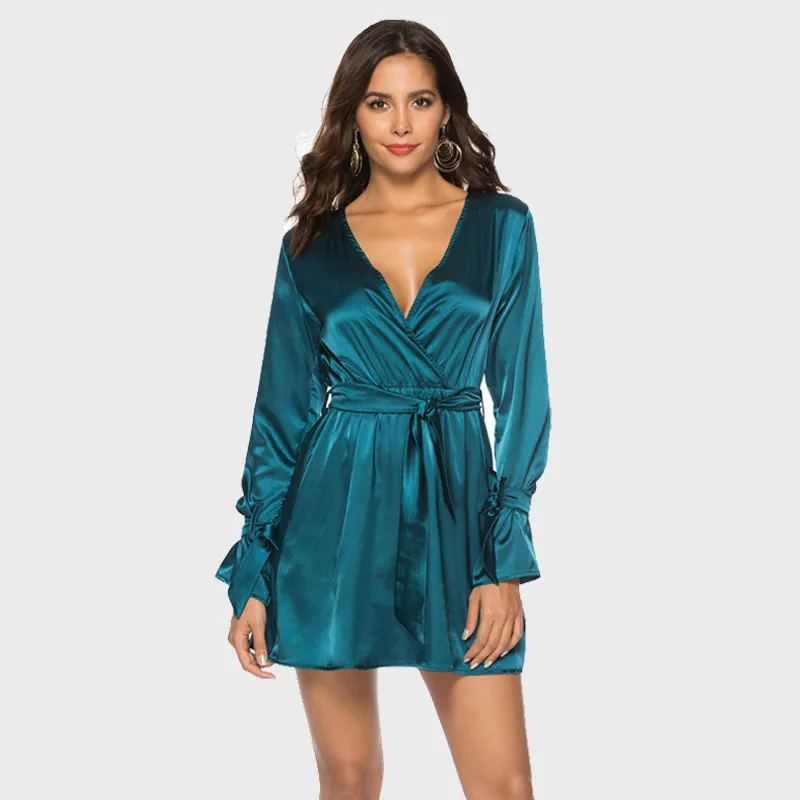 Shiny Satin Woman Dress Party Night Deep V Wrap Dress Short A Line Dress With Long Sleeve Casual Sundresses For Spring
Shiny Satin Woman Dress Party Night Deep V Wrap Dress Short A Line Dress With Long Sleeve Casual Sundresses For Spring