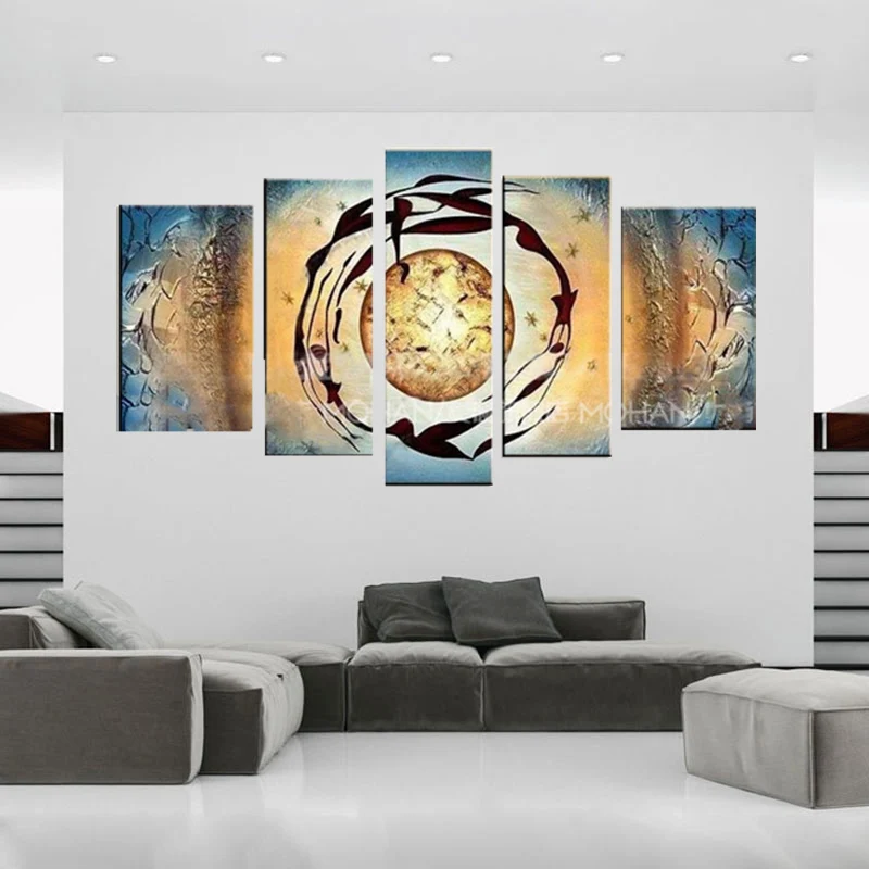 

Free shipping100% Handpainted 5 piece modern abstract oil paintings on canvas wall art Yellow Sun Dance pictures for living room