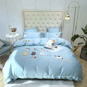 Blue cute Cartoon Cat Embroidery 60S Egyptian Cotton Girl Child Bedding Set Bow Duvet Cover Bed Sheet Pillowcases Gift For Child
Blue cute Cartoon Cat Embroidery 60S Egyptian Cotton Girl Child Bedding Set Bow Duvet Cover Bed Sheet Pillowcases Gift For Child