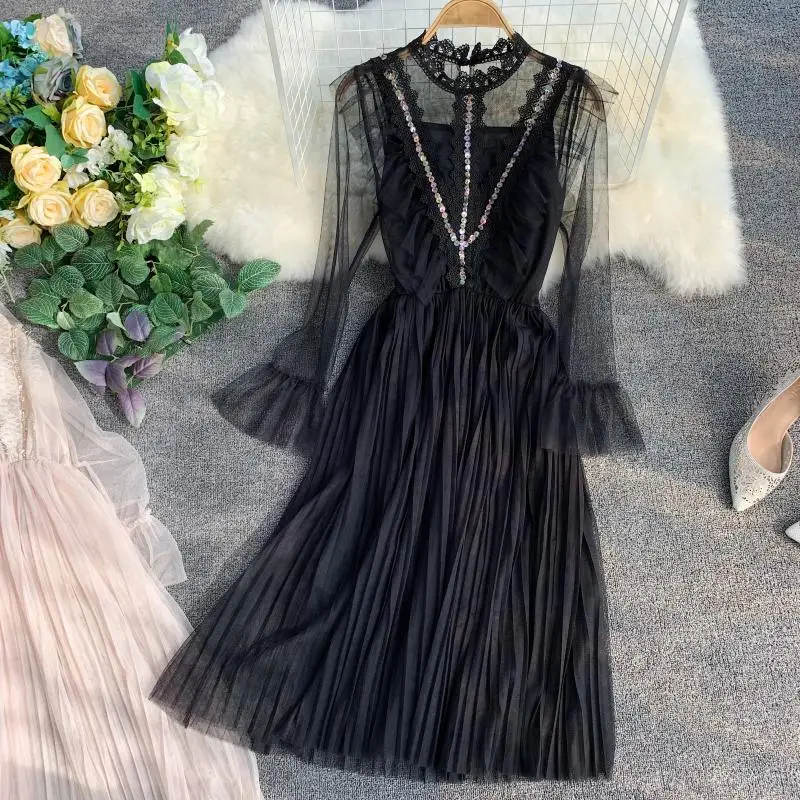 HISUMA 2019 Spring New women's half high neck flare sleeve sequined ruffles mesh lace A-line dress female elegant waist dresses
HISUMA 2019 Spring New women's half high neck flare sleeve sequined ruffles mesh lace A-line dress female elegant waist dresses