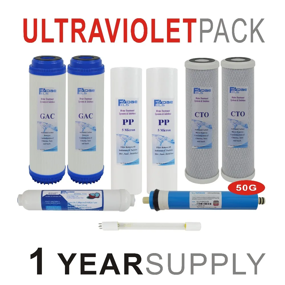 1 Year Supply Ultraviolet Reverse Osmosis System Replacement Filters Set - 9 Filters with UV and 50 GPD RO Membrane - Pack Of 9
1 Year Supply Ultraviolet Reverse Osmosis System Replacement Filters Set - 9 Filters with UV and 50 GPD RO Membrane - Pack Of 9