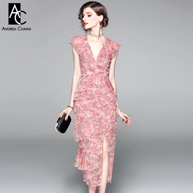 spring summer woman dress pink floral pattern print dress ruffled shoulder v-neck cascading ruffle layered calf length dress
spring summer woman dress pink floral pattern print dress ruffled shoulder v-neck cascading ruffle layered calf length dress