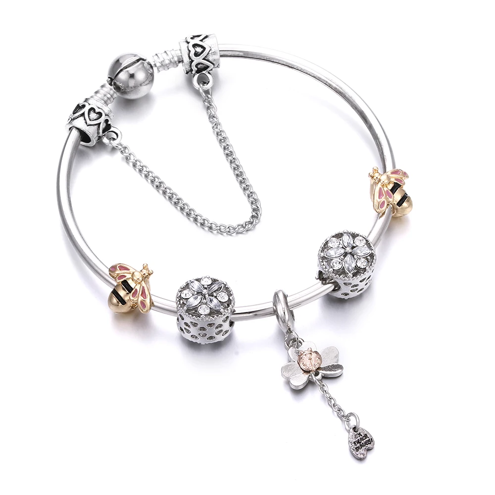 Fairy Jewelry Bracelet Gold Color Bee Clover Pendant Flower Rhinestone Bead Link Charm Women Bracelets Bangles Femme Girl Gift | Украшения