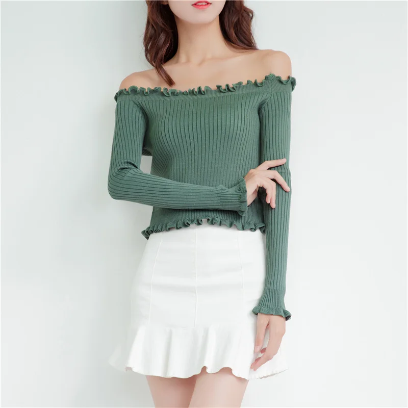 Women Sweater Knitting Pullover Top Bottoming Shirt 2018 Autumn Female Slash Neck Slim Sexy Solid Knitted Jumpers | Женская одежда