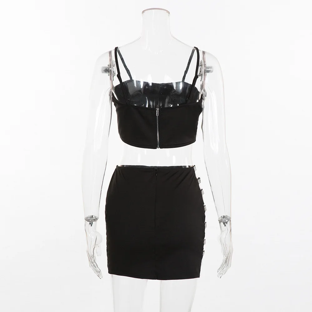 FREE SHIPPING Two Piece Set Diamond Sequin Hollow Crop Top and Skirt Short JKP1165