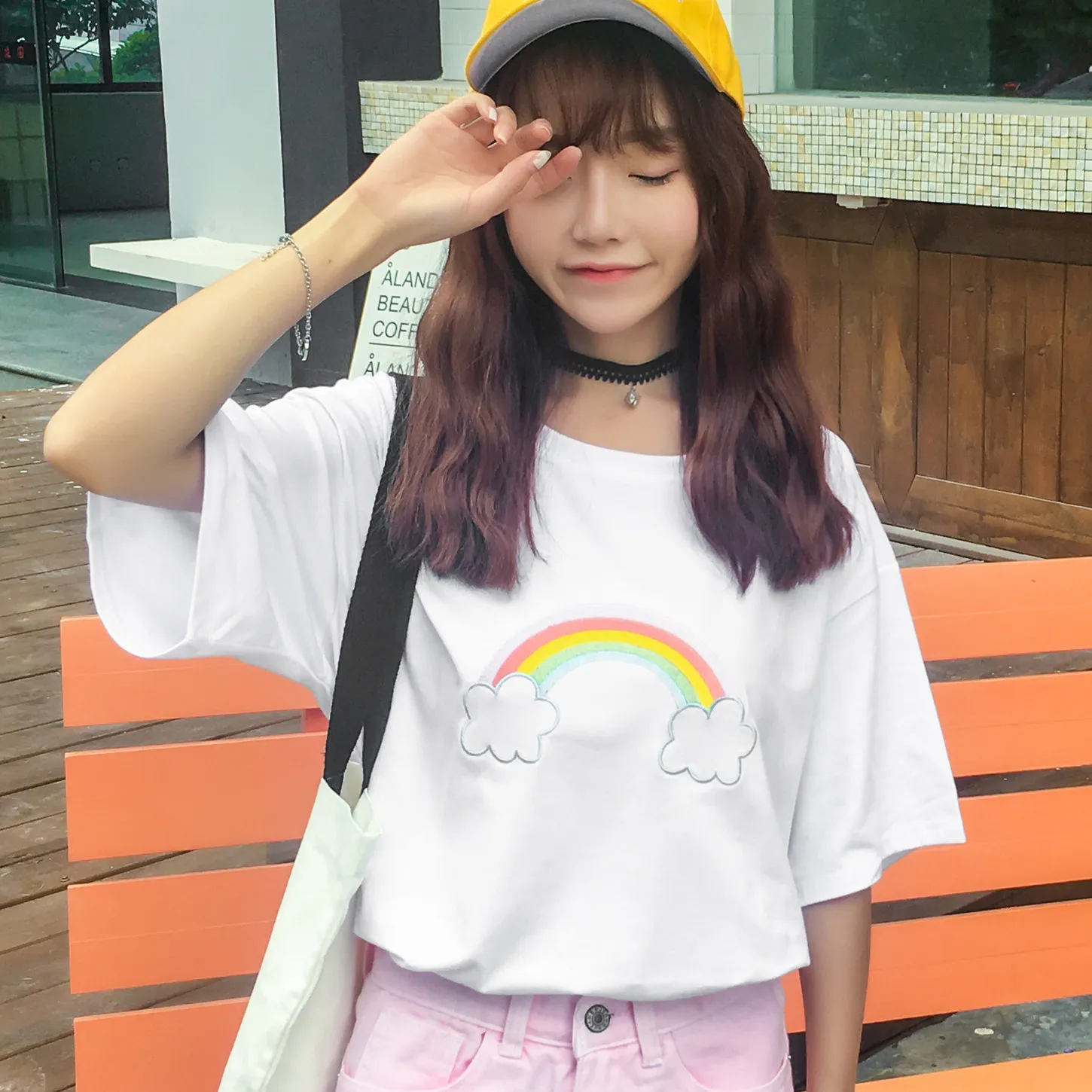 Image To film Summer school of han edition dress lovely rainbow wind embroidery female T shirt relaxed joker render unlined upper garm