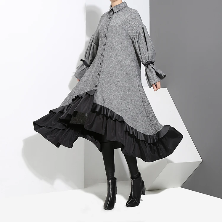2020 Autumn Winter Women Plus Size Gray Shirt Dress Midi Long Sleeve Patchwork Thick Warm Ruffled Elegant Party Dress Style 3073 2020 Autumn Winter Women Plus Size Gray Shirt Dress Midi Long Sleeve Patchwork Thick Warm Ruffled Elegant Party Dress Style 3073
