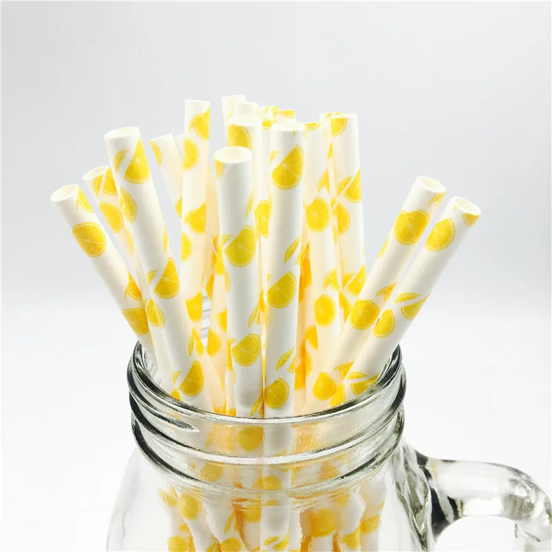 

25pcs/lot Yellow Lemon Drinking Paper Straws Christmas Baby Shower Decoration Gift Party Event Supplies