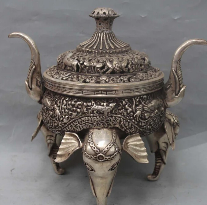 11" Chinese Tibet Silver 3 Elephant Zun Flower Lion Statue Incense Burner Censer S0708 Discount 35%
11" Chinese Tibet Silver 3 Elephant Zun Flower Lion Statue Incense Burner Censer S0708 Discount 35%