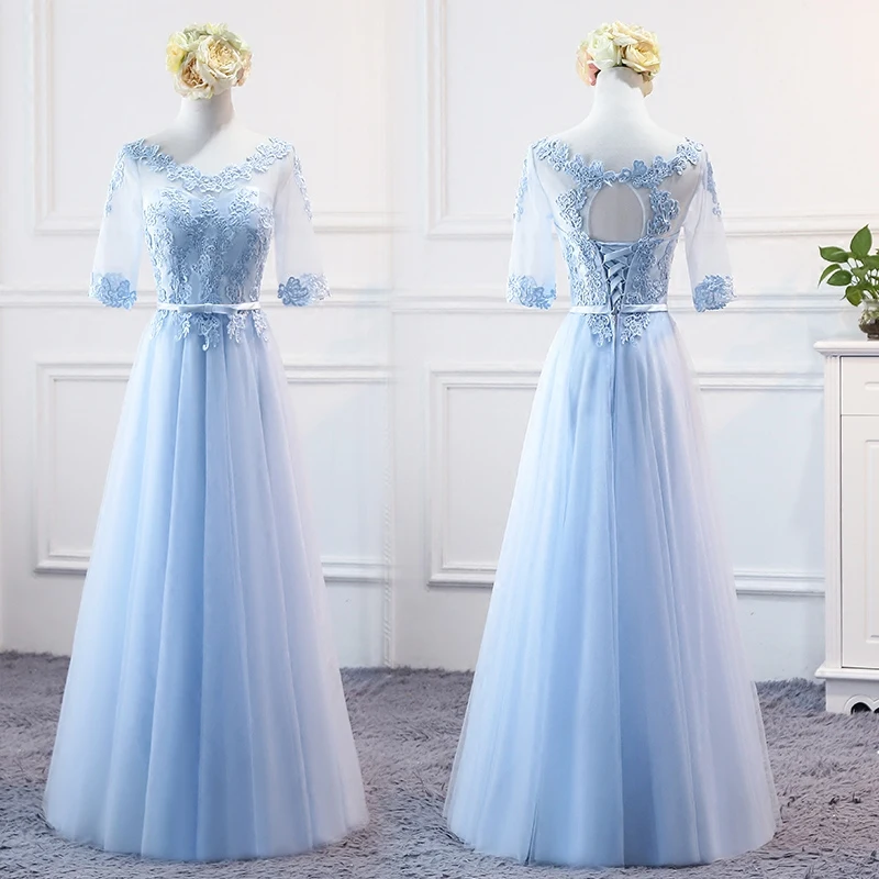 Robe De Soriee New Sweet Blue Lace Bridesmaid Dresses Floor-length Half Sleeve Appliques Formal Bride Party Graduation Prom Gown
Robe De Soriee New Sweet Blue Lace Bridesmaid Dresses Floor-length Half Sleeve Appliques Formal Bride Party Graduation Prom Gown