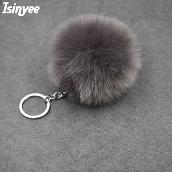 ISINYEE fluffy pom pom keychain ring for women rabbit fur