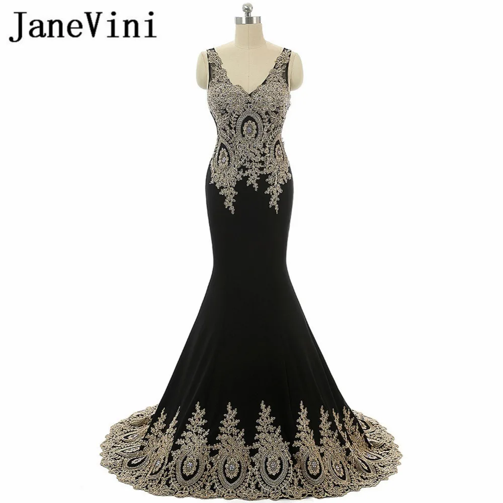 JaneVini Black Mermaid Long Bridesmaid Dresses Satin Gold Lace Appliques Beaded V-Neck Floor Length Formal Maid of Honor Gowns
JaneVini Black Mermaid Long Bridesmaid Dresses Satin Gold Lace Appliques Beaded V-Neck Floor Length Formal Maid of Honor Gowns