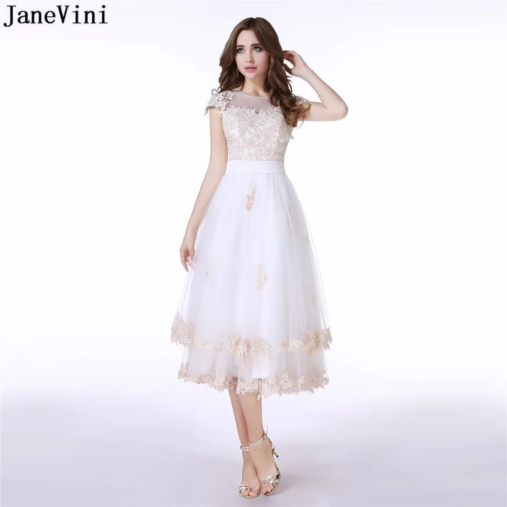 JaneVini 2019 Graceful A Line Long Bridesmaid Dresses O Neck Lace Appliques Sheer Back Tea-Length White Tulle Formal Prom Gowns
JaneVini 2019 Graceful A Line Long Bridesmaid Dresses O Neck Lace Appliques Sheer Back Tea-Length White Tulle Formal Prom Gowns