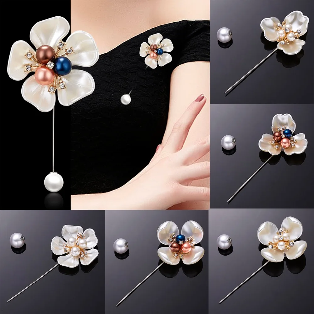 

Fashion Elegant Camellia Three-petal Triangle Needle Brooches Romantic Colorful Pearl Flower Wedding Party Bouquet Brooch Pins