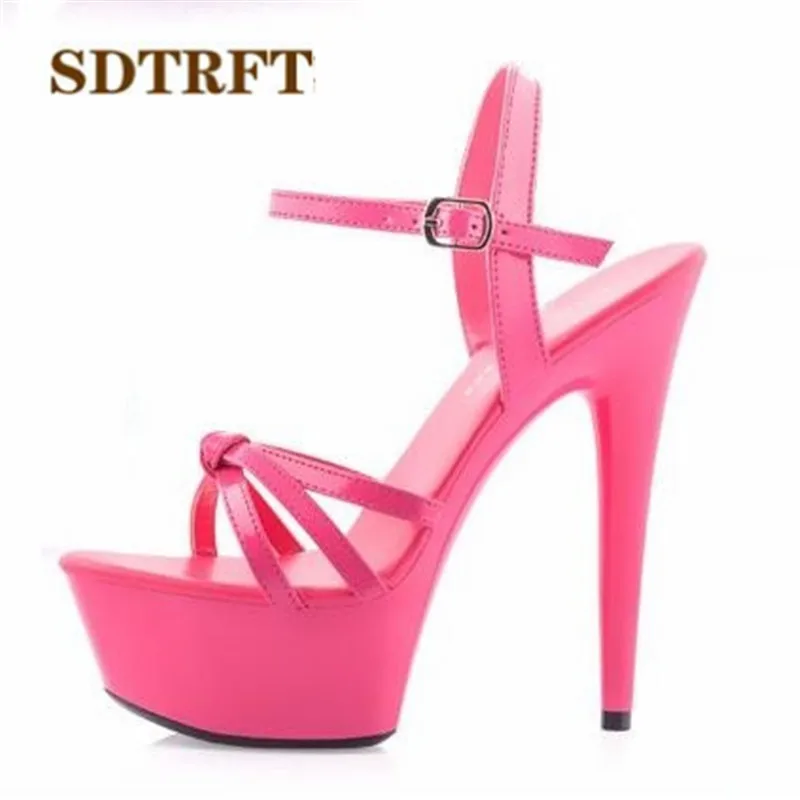 

SDTRFT Plus:34-43 44 SUMMER 2018 Stilettos zapatos mujer 15cm thin heels platform sandals Ankle strap shoes woman wedding pumps