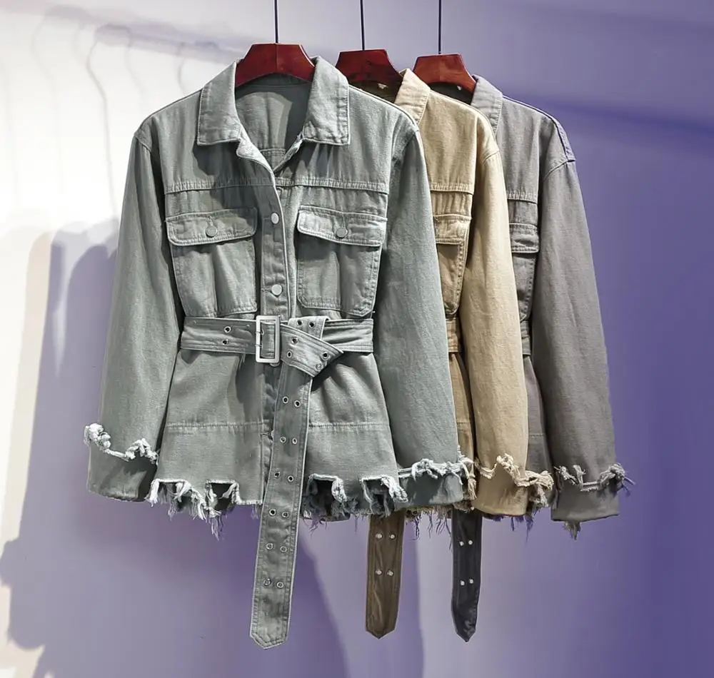Korea 2019 Autumn New design Women Simple Single Breasted Regular Casual Hole Denim Jacket with belt Green Grey Khaki
Korea 2019 Autumn New design Women Simple Single Breasted Regular Casual Hole Denim Jacket with belt Green Grey Khaki