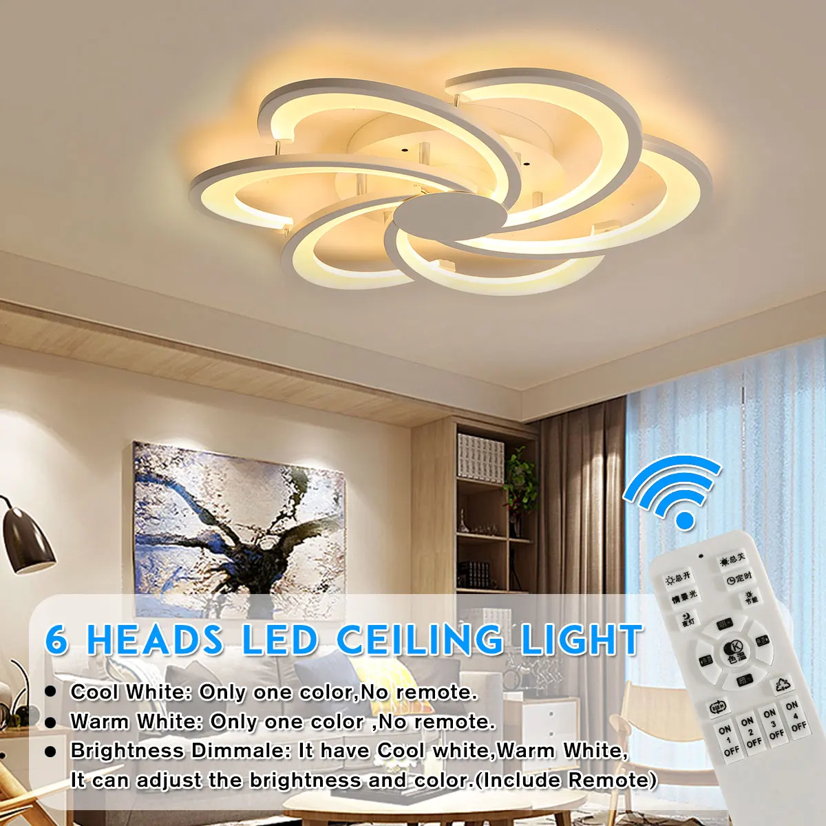 Modern 6 Heads LED Ceiling Lights Remote control for Living room Bedroom Aluminum boby indoor Lamp flush mount
Modern 6 Heads LED Ceiling Lights Remote control for Living room Bedroom Aluminum boby indoor Lamp flush mount