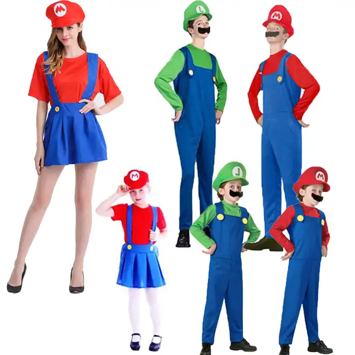 大人と子供スーパーマリオブラザーズコスプレ衣装子供ハロウィンパーティーマリオ ルイージ衣装子供のためのギフト Mario Bros Cosplay ルイージ衣装cosplay Costume Gooum