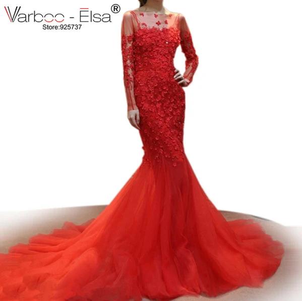 VARBOO_ELSA 2018 China Bridal Gown Red Lace Mermaid Wedding Gown 3D Appliques Beaded Long Sleeve Wedding Dress vestido de noiva
VARBOO_ELSA 2018 China Bridal Gown Red Lace Mermaid Wedding Gown 3D Appliques Beaded Long Sleeve Wedding Dress vestido de noiva