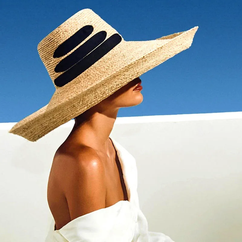 

2019 New Fashion Black Bandage Ribbon Ladies Raffia Hat Roll Up Kentucky Derby Sun Hat Large Wide Brim Summer Beach Straw Hat