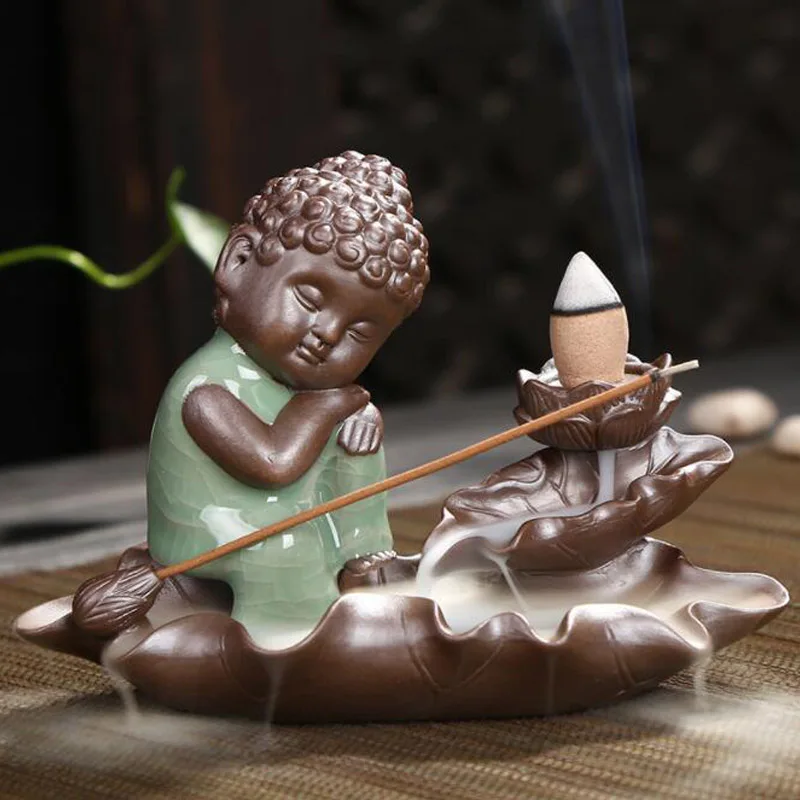 

Backflow Incense Burner Ceramic Little Monk Small Buddha Incense Stick Holder Aromatherapy Buddhist Censer + 10Pcs Incense Cones