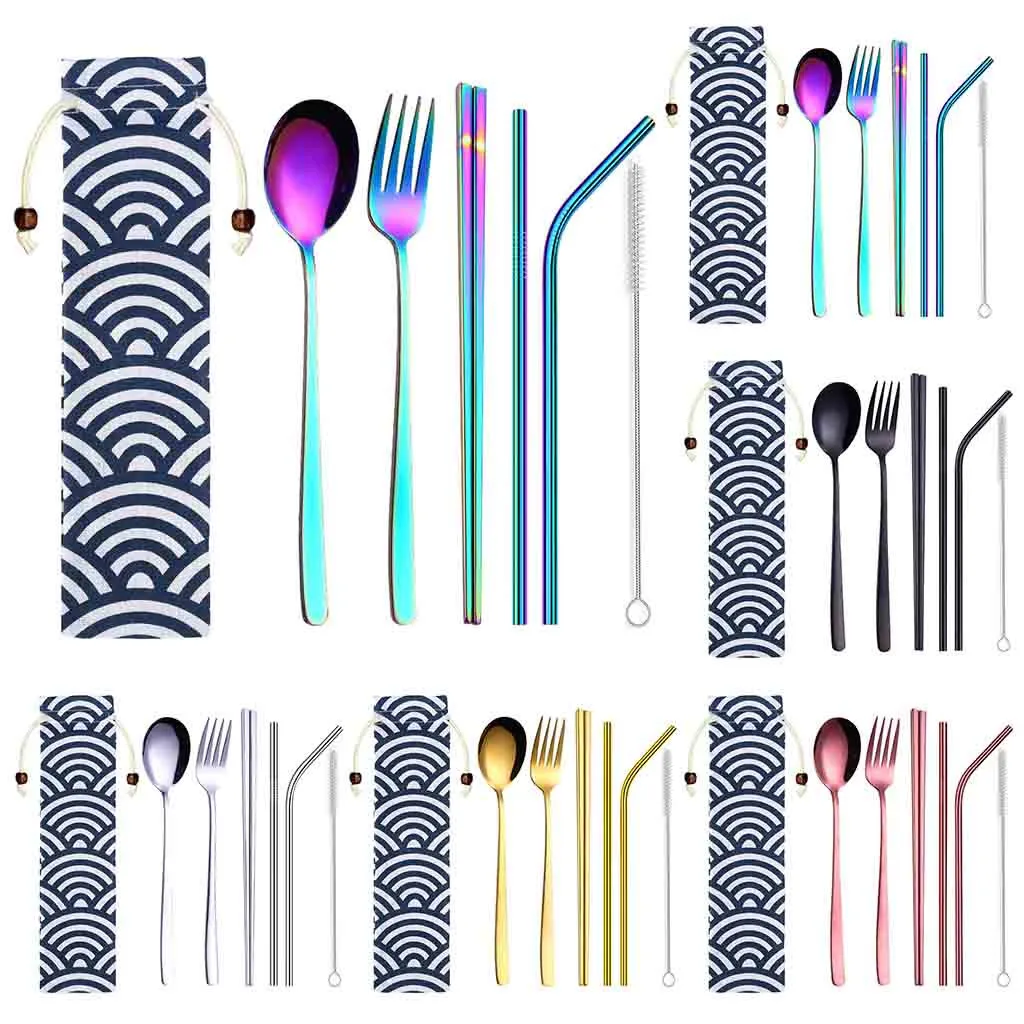 

Tofok Stainless Steel Dinnerware Set Spoon Fork Chopsticks Straw With Cloth Pack Cutlery For Travel Outdoor Office Picnic BBQ