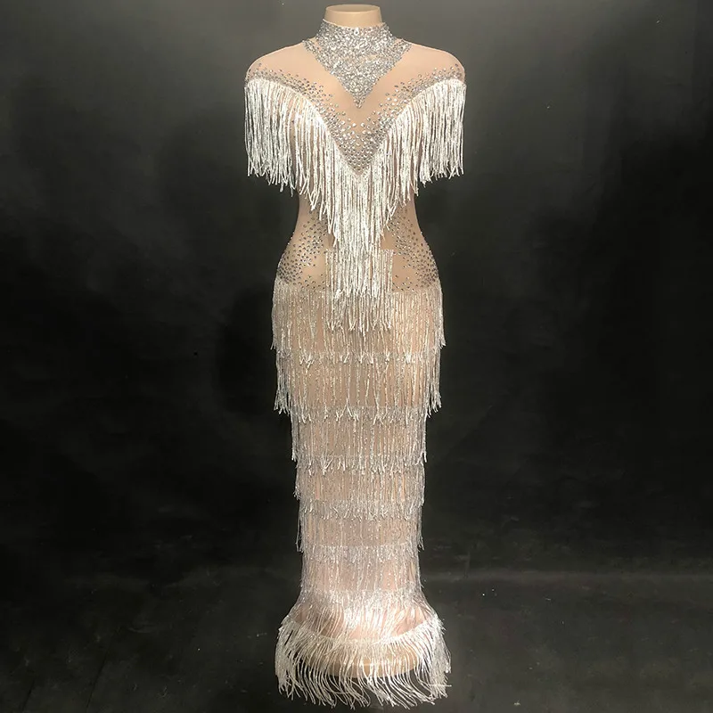 Fashion Shining Rhinestones White Fringes Long Dress Women's Birthday Celebrate Dresses Female Singer Tassel Dance Costume DJ DS
Fashion Shining Rhinestones White Fringes Long Dress Women's Birthday Celebrate Dresses Female Singer Tassel Dance Costume DJ DS