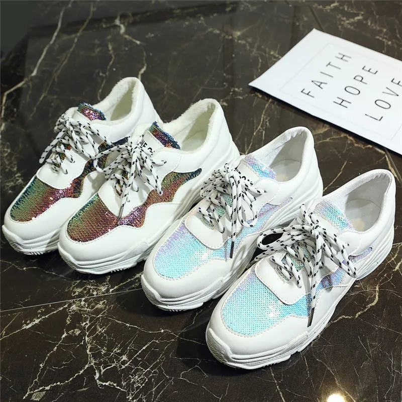 Brand 2018 Lady Platform Shoes Lace Up Black White Sneakers Women Winter Mesh Shoes For Women Flats Creepers Short Plush Inside (4)